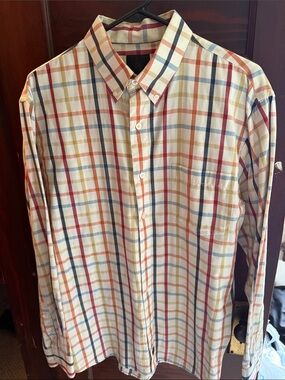 Men's Long-Sleeve Plaid Button-Down Shirt in Cream with Red & Blue Stripes